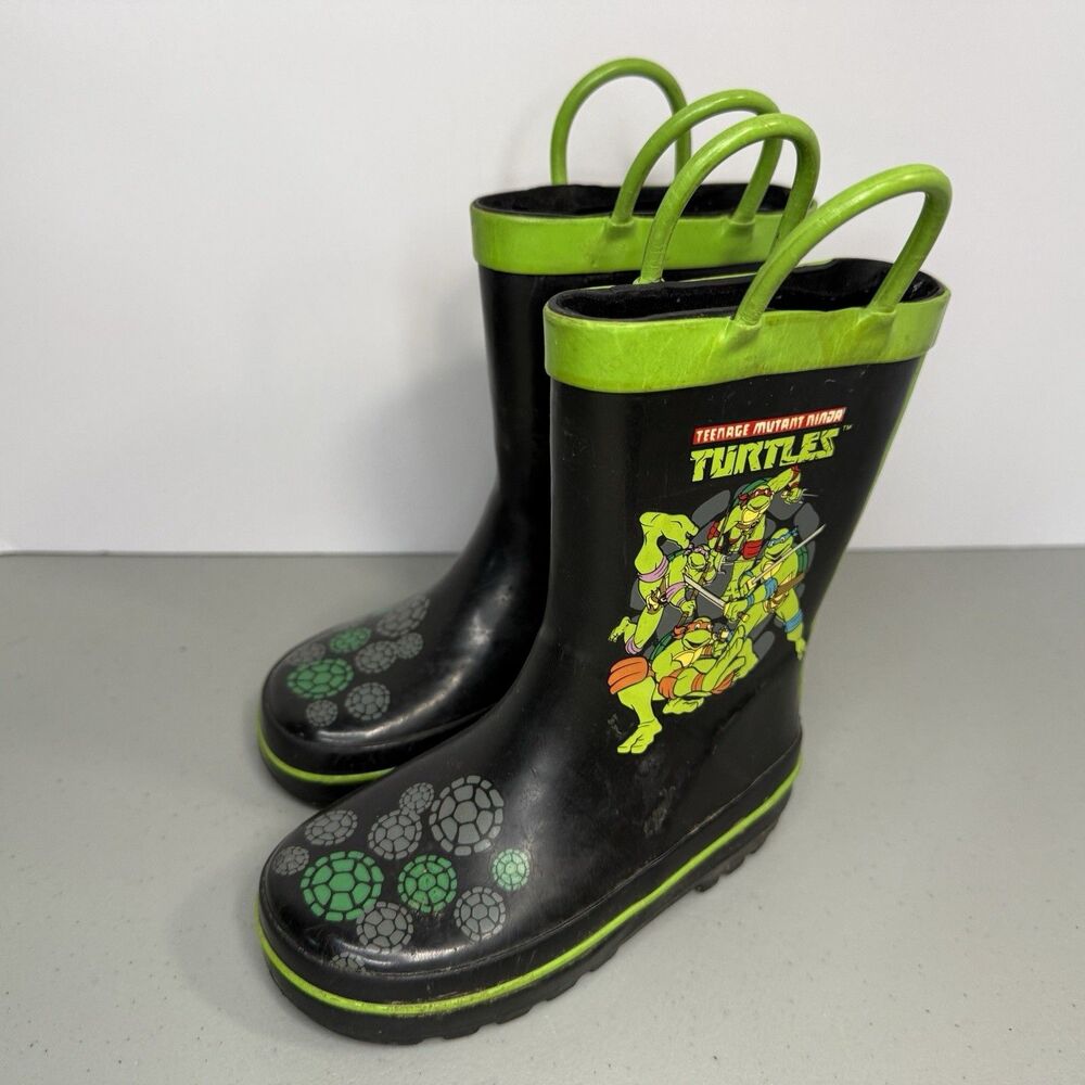 Teenage Mutant Ninja Turtles Kids Rain Boots Black Green TMNT Rubber Boots, 7/8